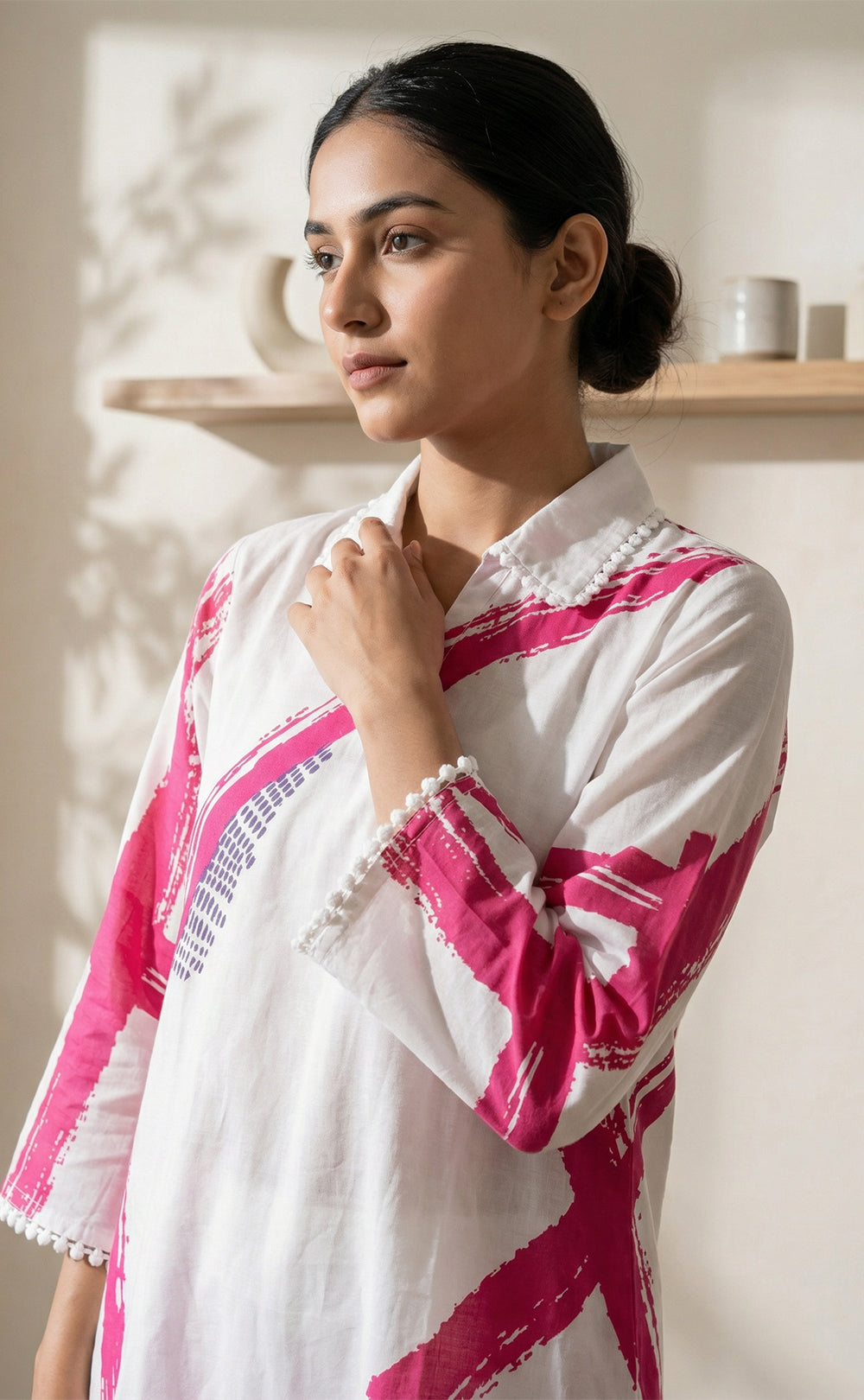 White Jute Cotton Mirror patch work printed Co-ord set