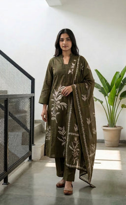 Mehndi Green Cotton All-over Floral Print Kurti Set