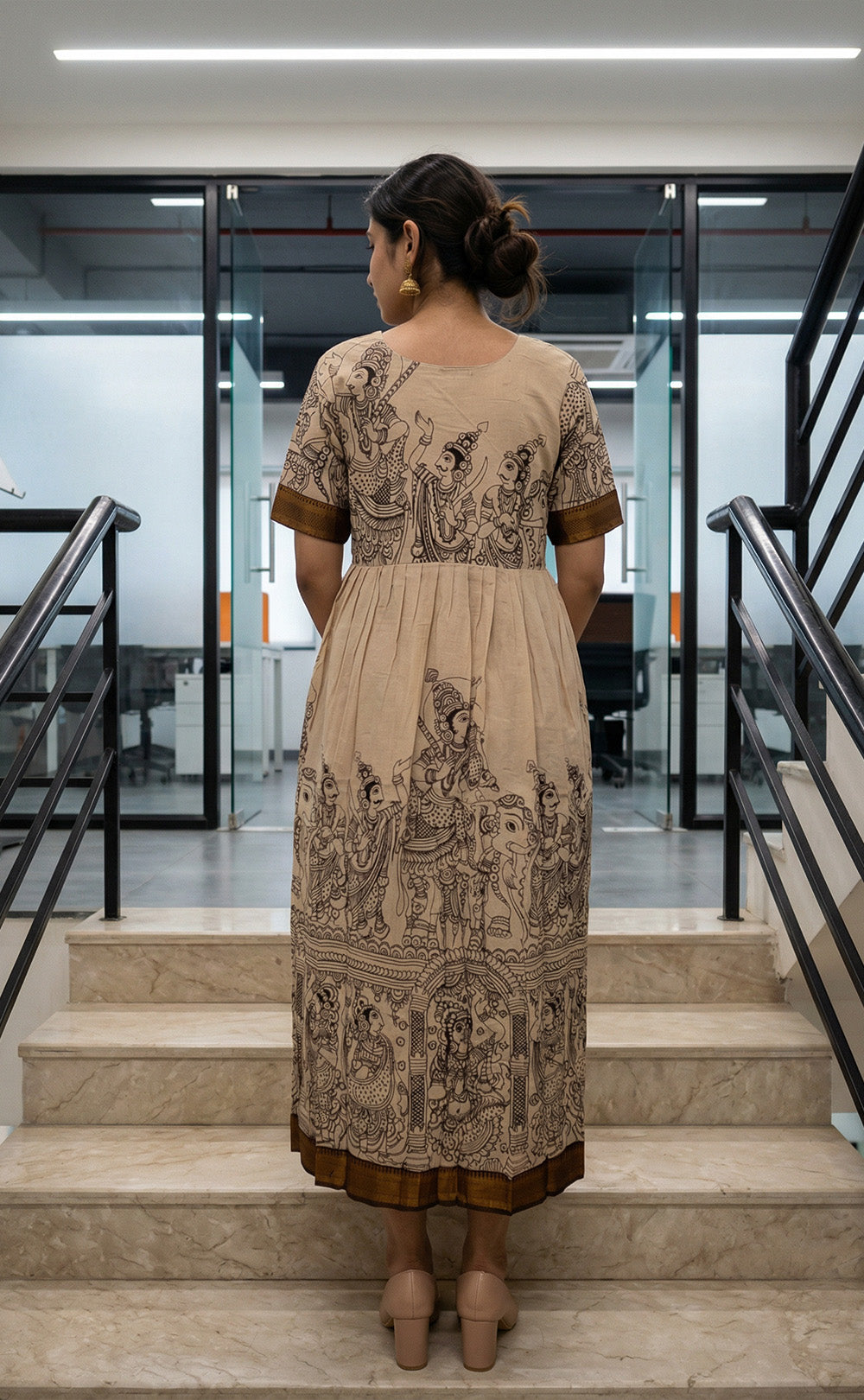 Cream Masriser Kalamkari Panel printed Kurti Gown with contrast Golden Border work