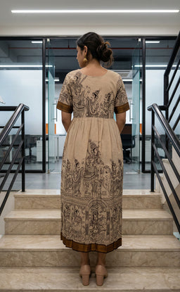 Cream Masriser Kalamkari Panel printed Kurti Gown with contrast Golden Border work