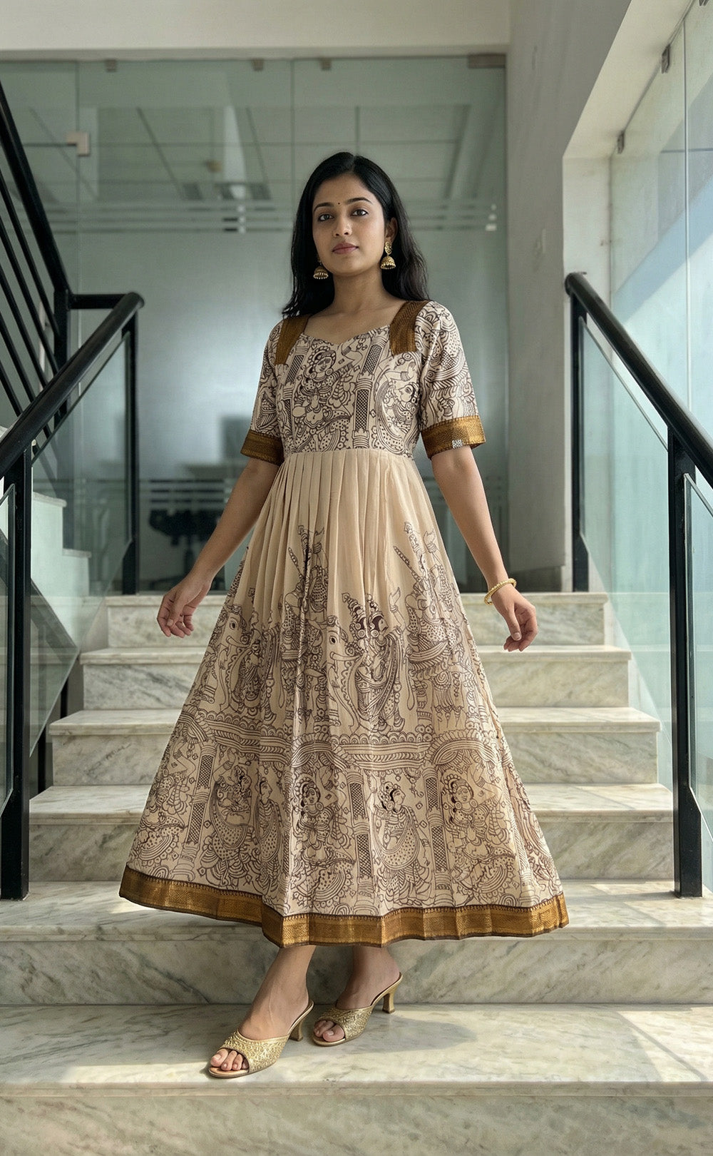 Cream Masriser kalamkari penal printed kurti Gown with contrast golden Border work