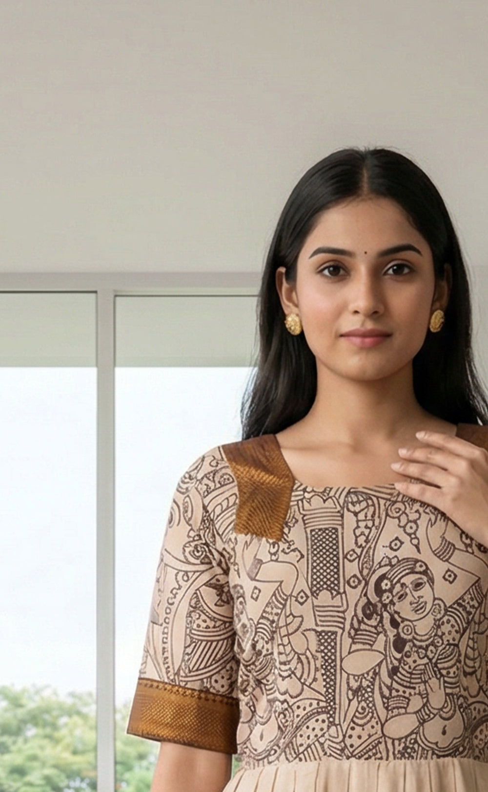 Cream Masriser kalamkari penal printed kurti Gown with contrast golden Border work