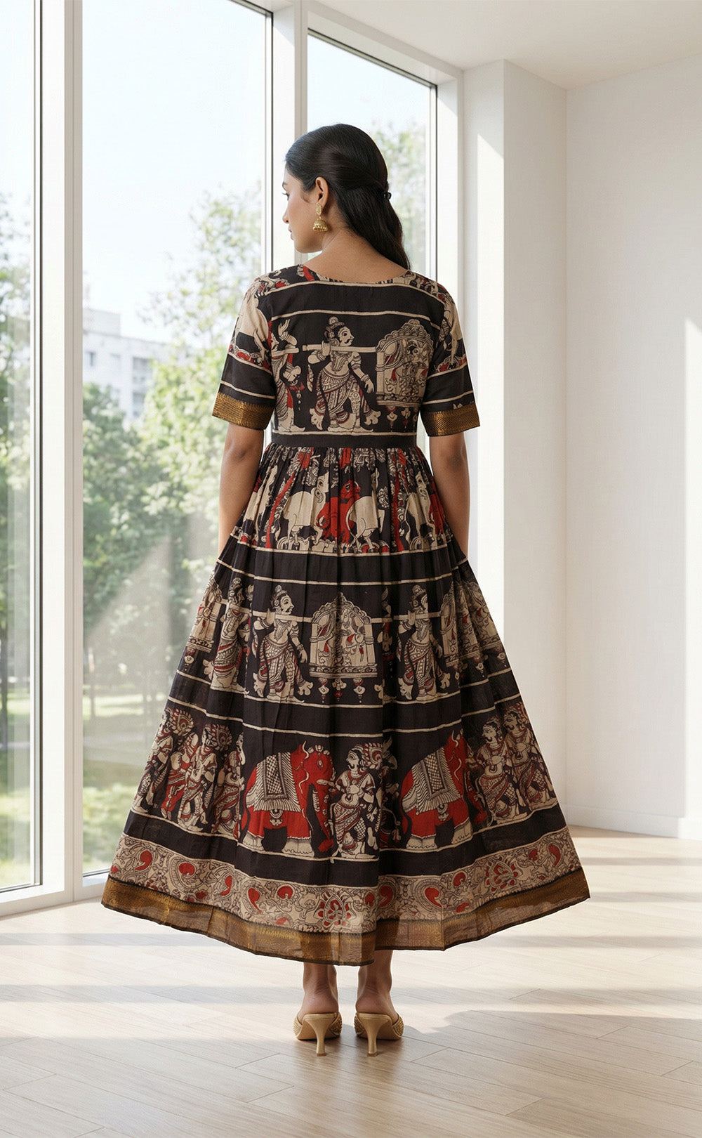 Masriser Black Kalamkari Panel Printed Kurti Gown With Contrast Golden –