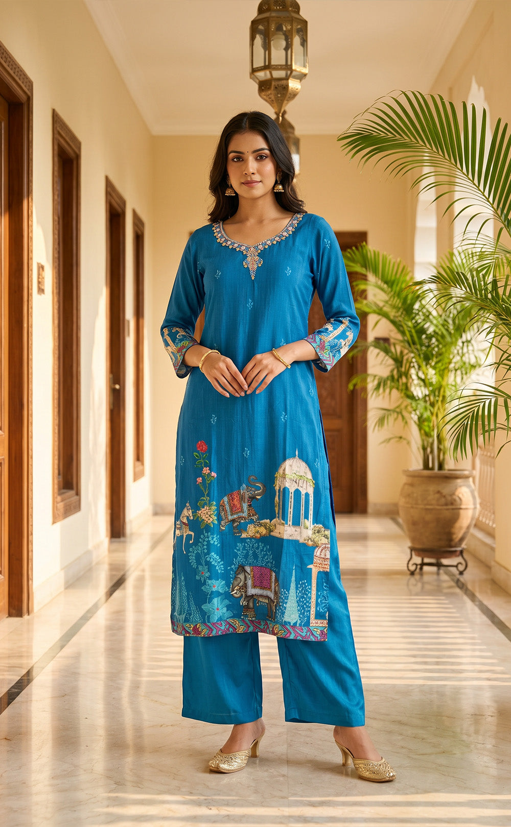 Blue Fancy Placement Printed and Beats Work Kurti Set