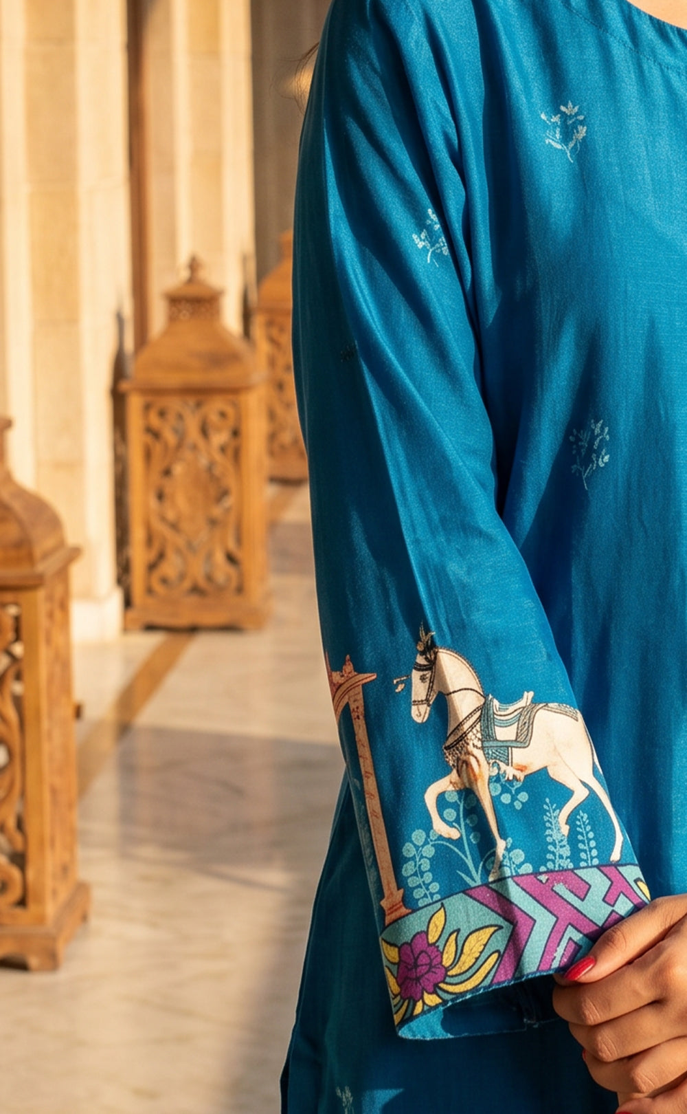 Blue Fancy Placement Printed and Beats Work Kurti Set