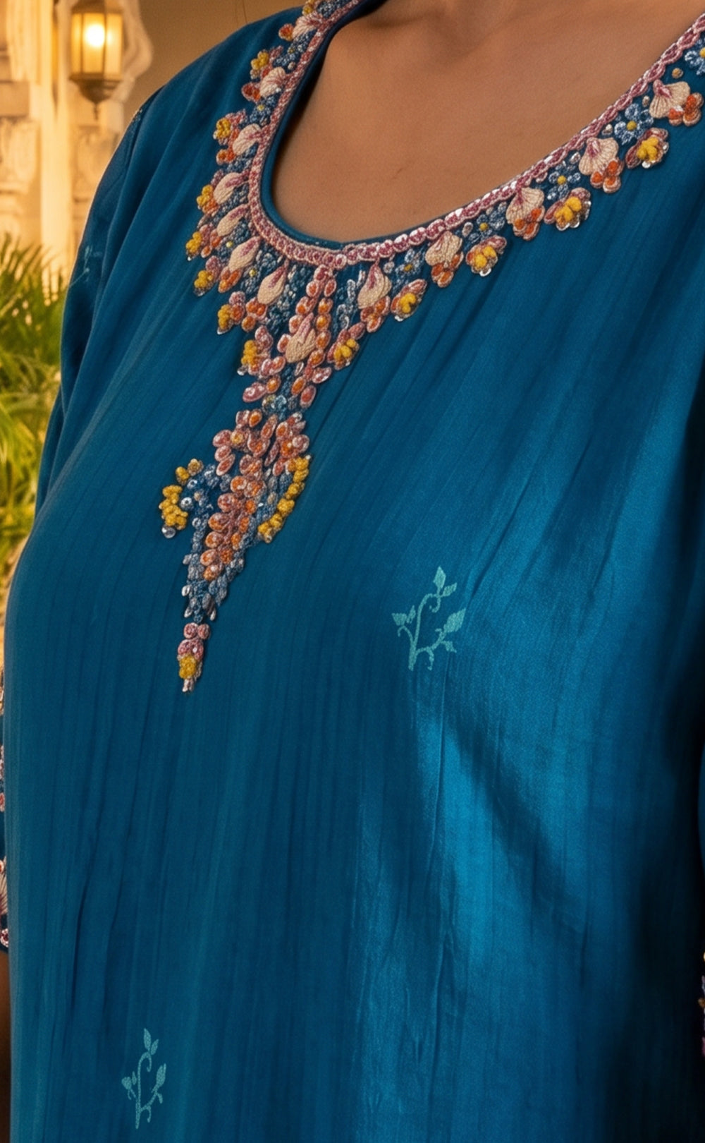 Blue Fancy Placement Printed and Beats Work Kurti Set