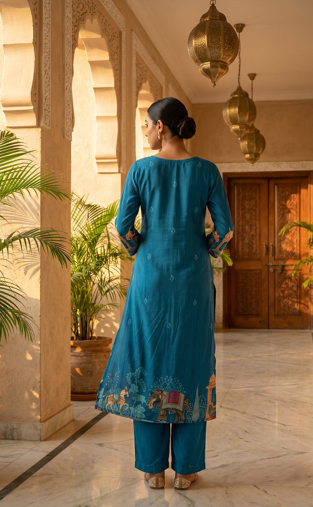 Blue Fancy Placement Printed and Beats Work Kurti Set