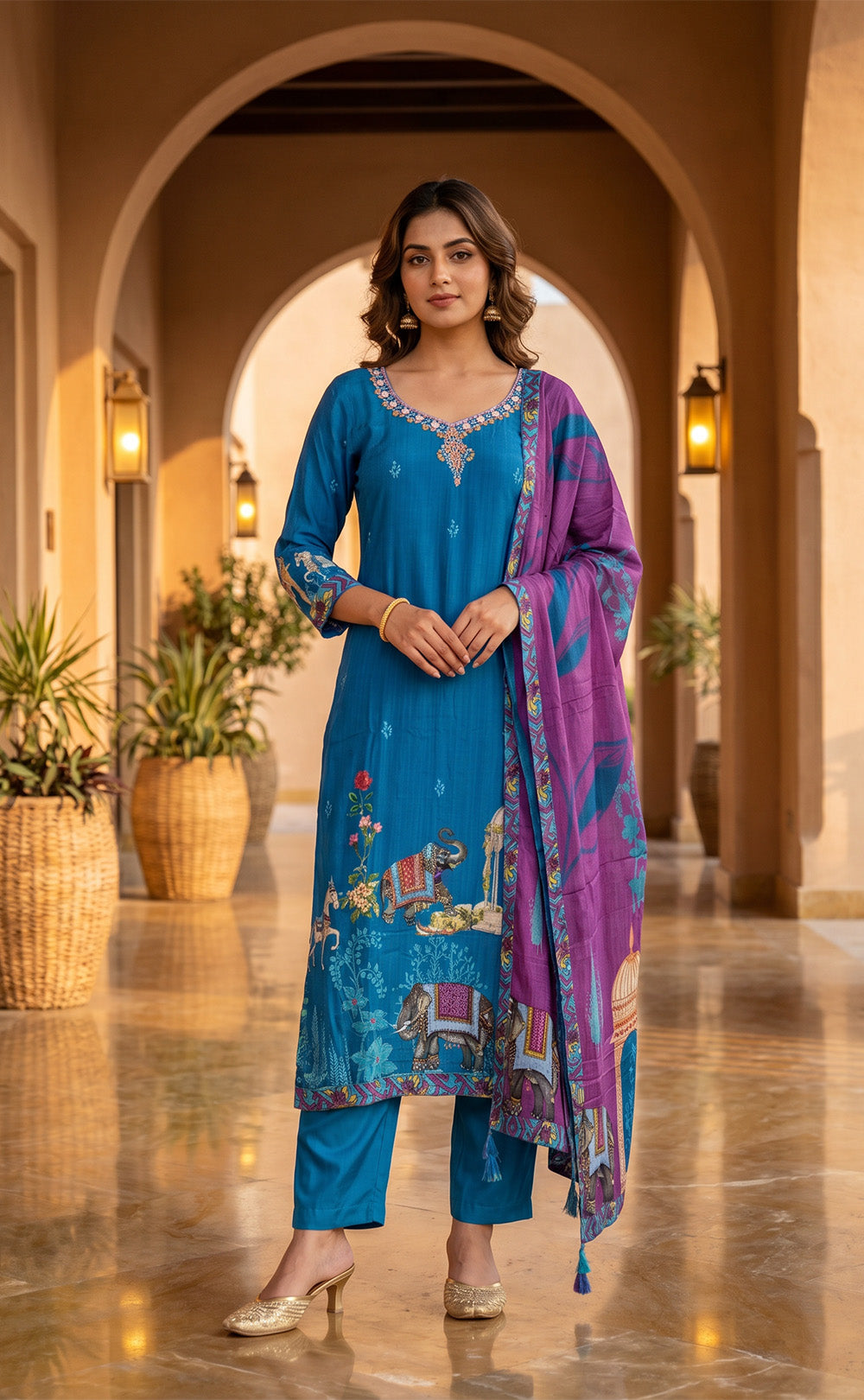 Blue Fancy Placement Printed and Beats Work Kurti Set