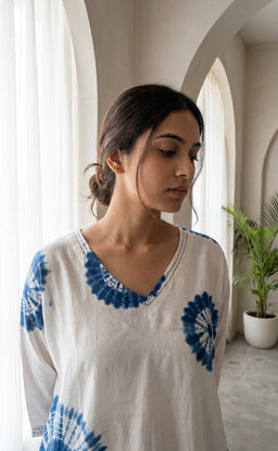 White And Blue Cotton Printed Co-ord Set