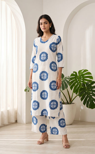 White And Blue Cotton Printed Co-ord Set