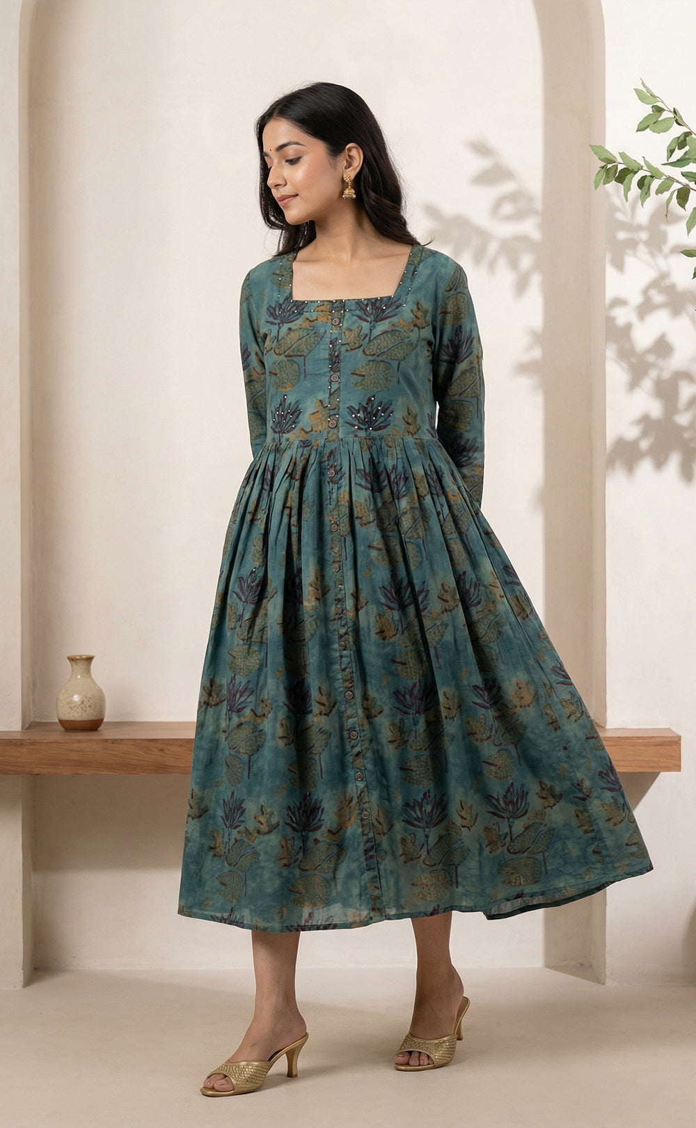 Forest Green mal cotton Ghera printed Flair  kurti