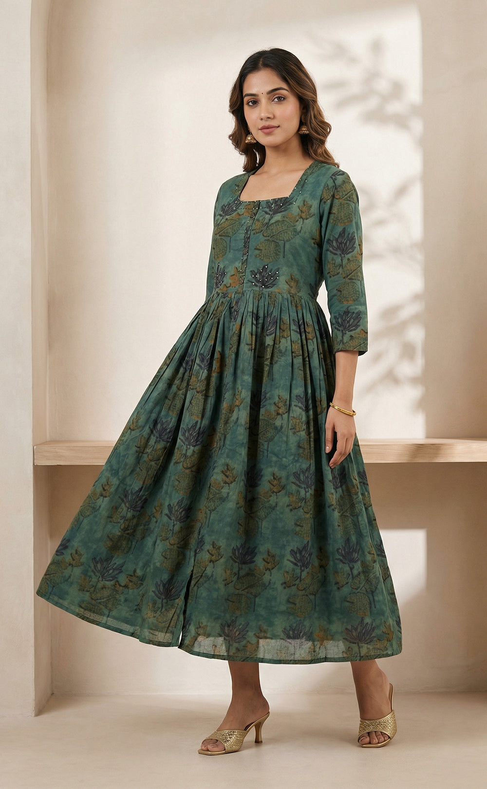 Forest Green mal cotton Ghera printed Flair  kurti