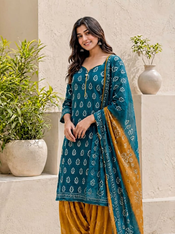 Rama Blue And Yellow Cotton All-Over Printed Patiyala Set