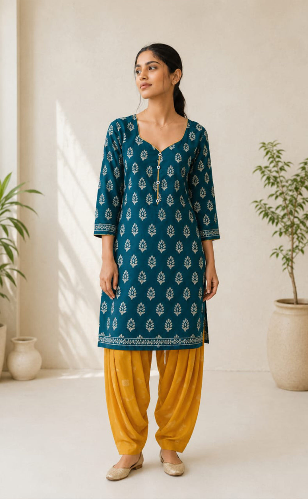 Rama Blue And Yellow Cotton All-Over Printed Patiyala Set