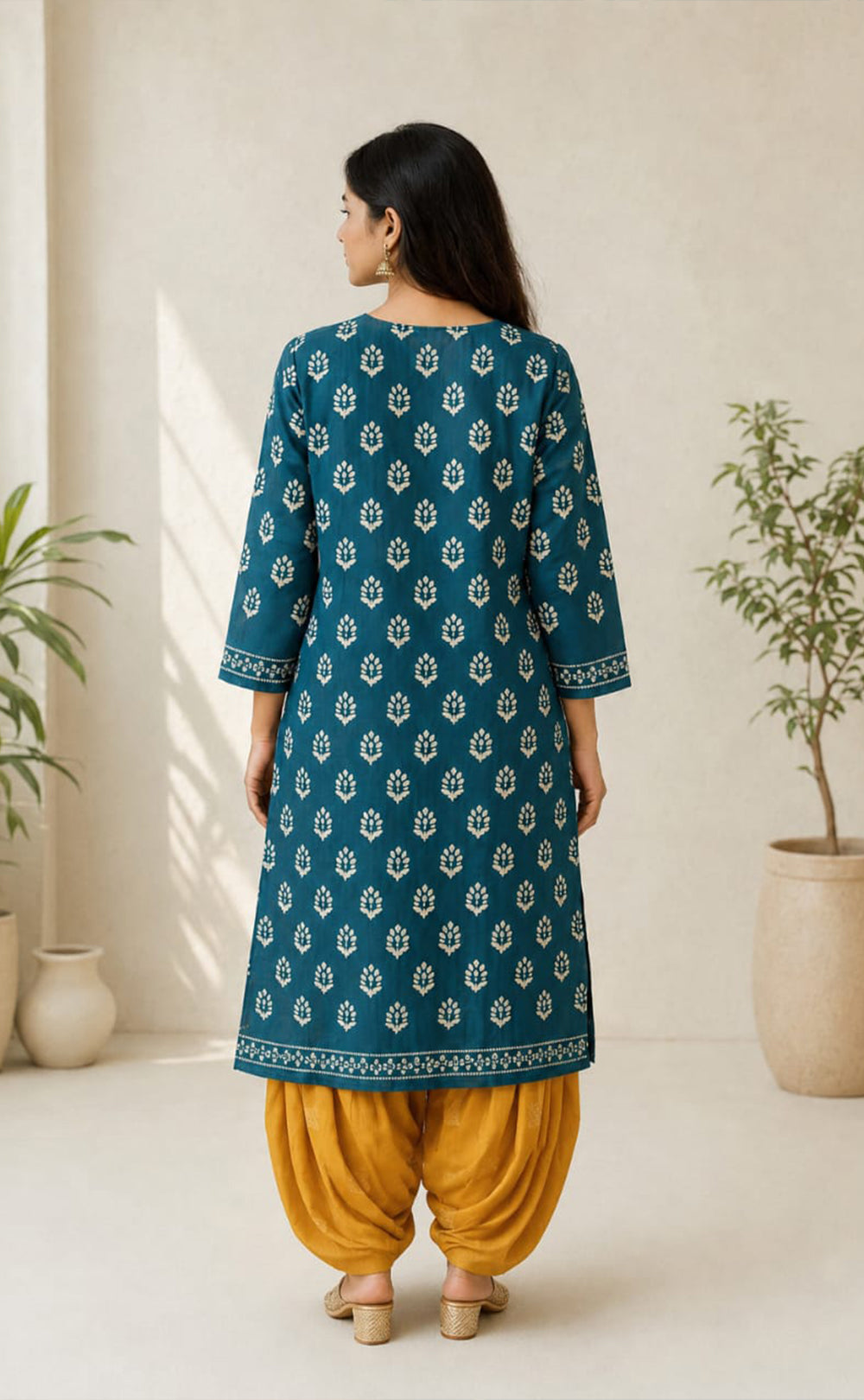 Rama Blue And Yellow Cotton All-Over Printed Patiyala Set