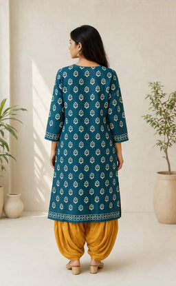 Rama Blue And Yellow Cotton All-Over Printed Patiyala Set