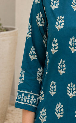 Rama Blue And Yellow Cotton All-Over Printed Patiyala Set