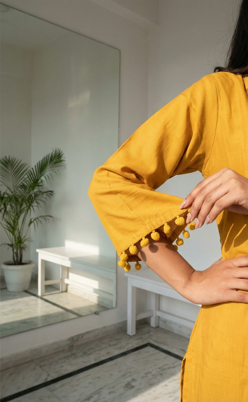 Yellow Roman Silk Kanta Work Kurti Set