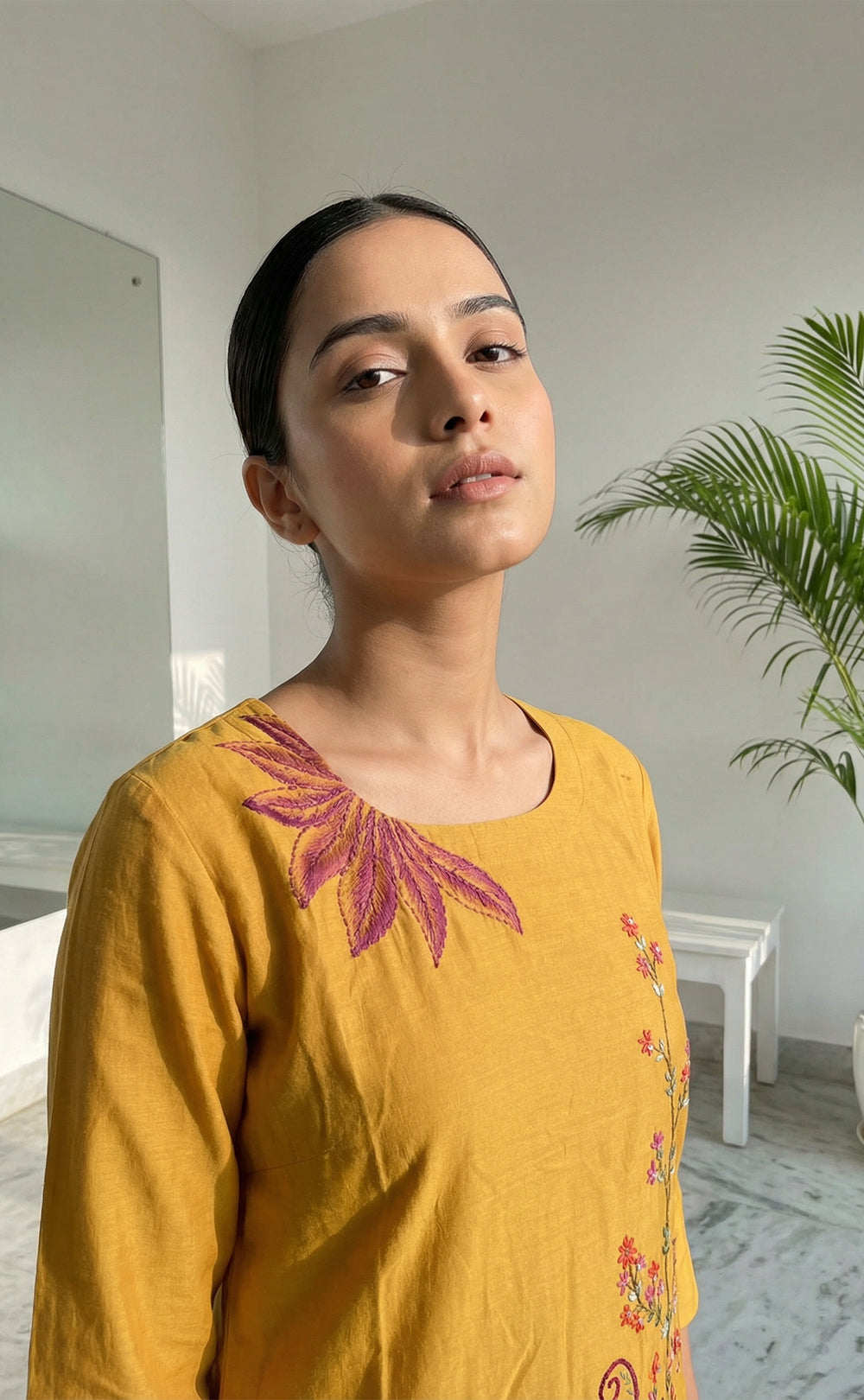 Yellow Roman Silk Kanta Work Kurti Set