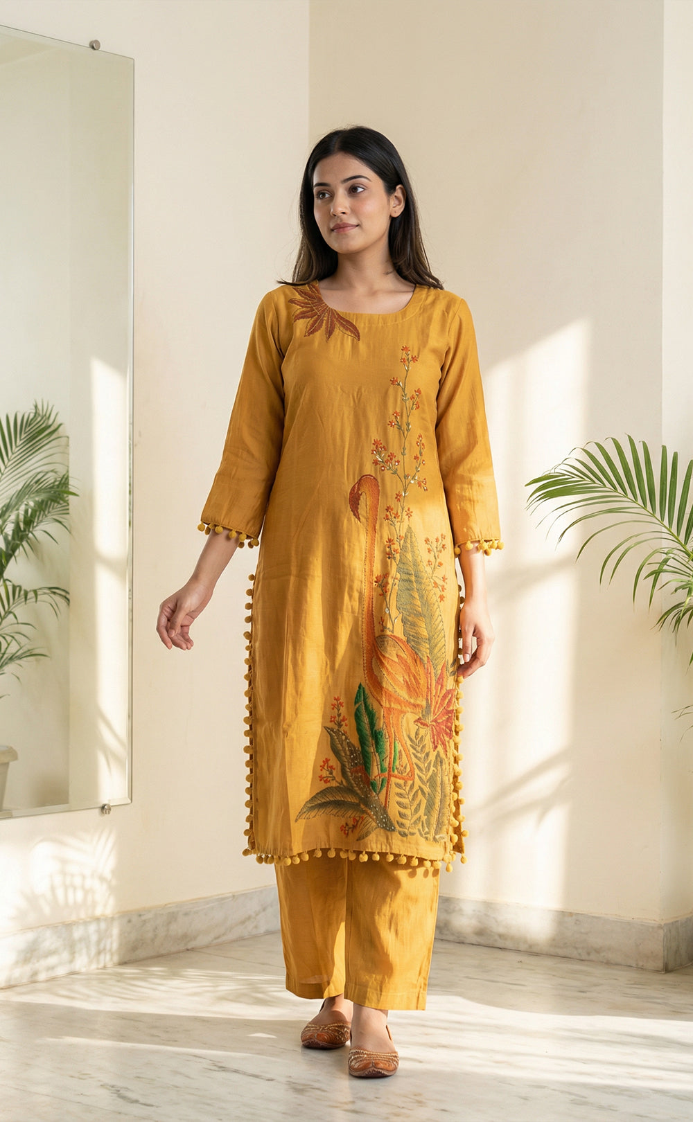 Yellow Roman Silk Kanta Work Kurti Set
