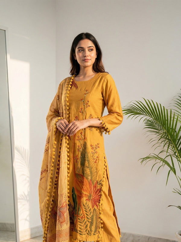 Yellow Roman Silk Kanta Work Kurti Set