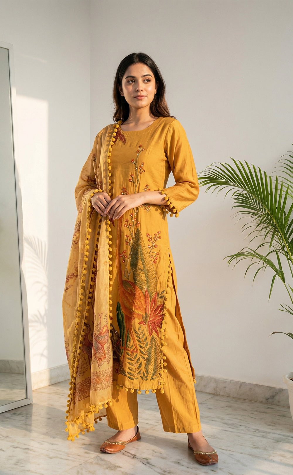 Yellow Roman Silk Kanta Work Kurti Set