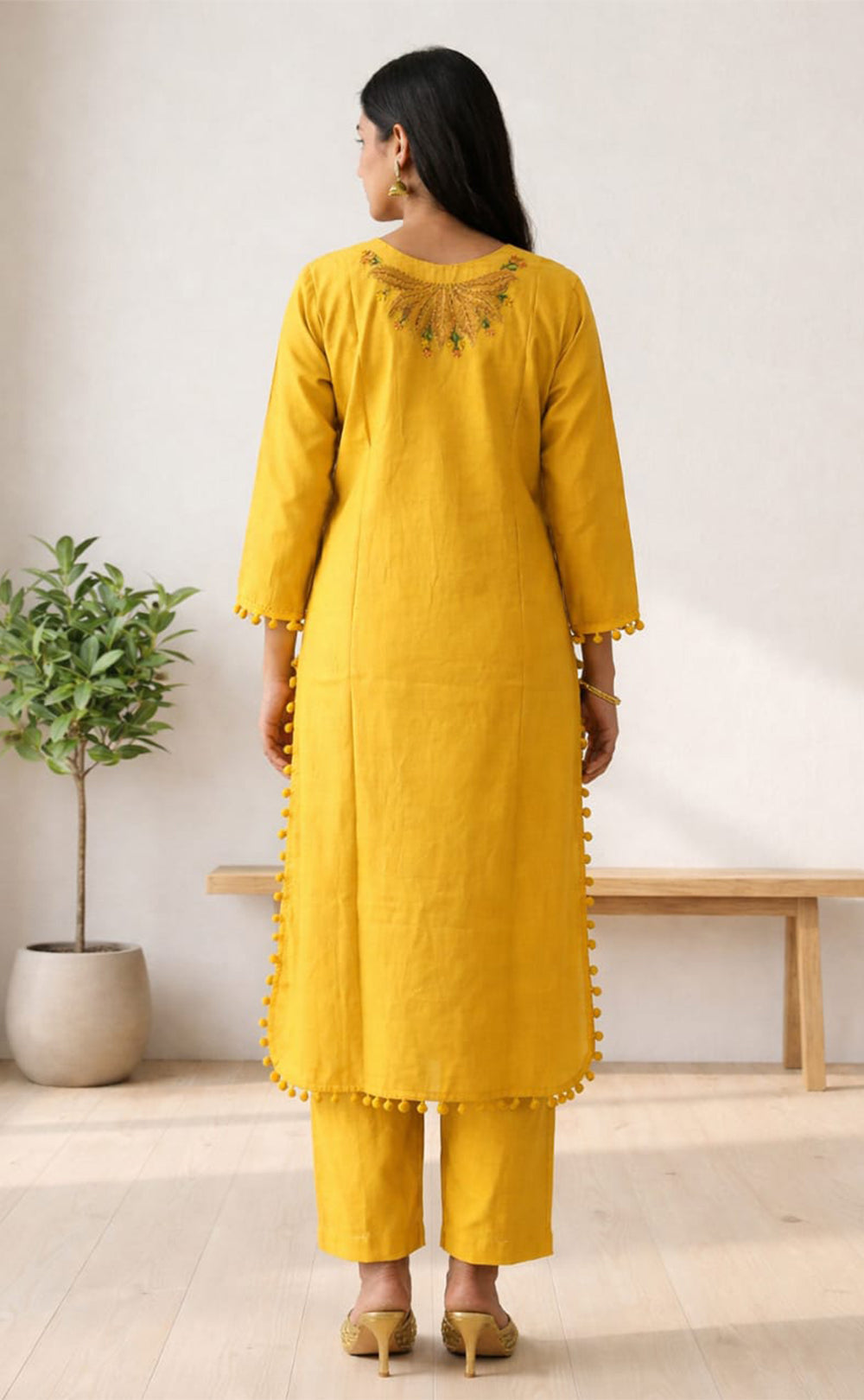 Yellow Roman Silk Kanta Work Kurti Set