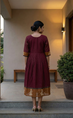 Deep Wine Red Cotton Golden Thread Weaving Work Flair Kurti