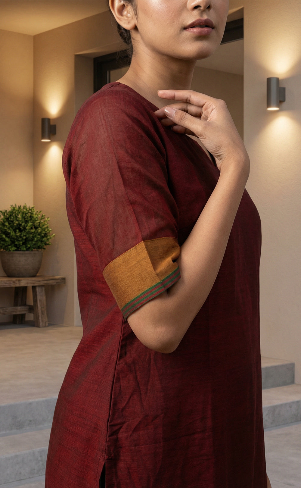 Deep Wine Red Cotton Golden Thread Weaving Work Flair Kurti