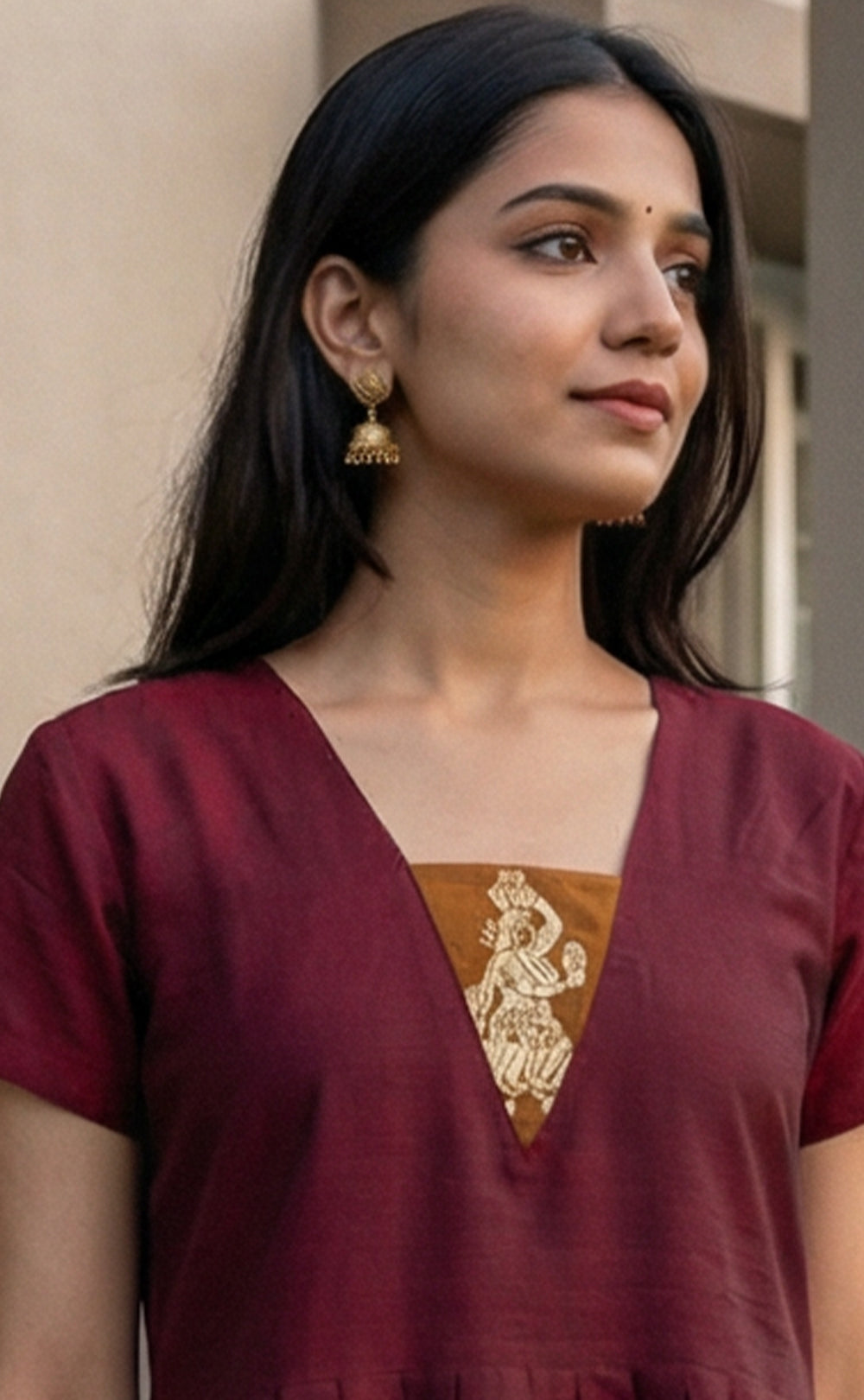 Deep Wine Red Cotton Golden Thread Weaving Work Flair Kurti