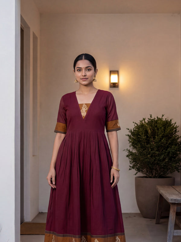 Deep Wine Red Cotton Golden Thread Weaving Work Flare Kurti