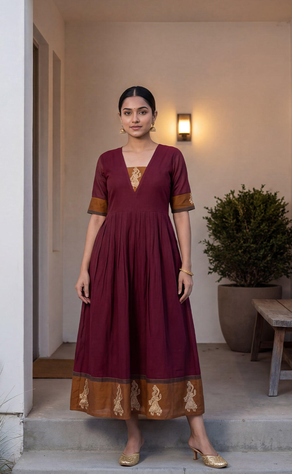 Deep Wine Red Cotton Golden Thread Weaving Work Flair Kurti