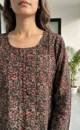 Black Cotton All-over Kalamkari Printed Kurti Set