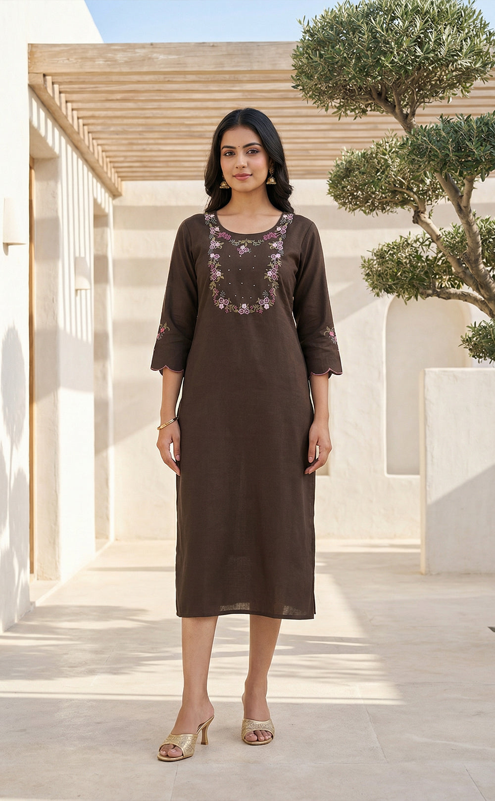 Dark Chocolate Brown Roman Silk Thread Embroidered Work Straight Kurti