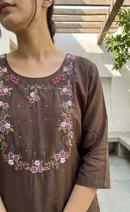 Dark Chocolate Brown Roman Silk Thread Embroidered Work Straight Kurti