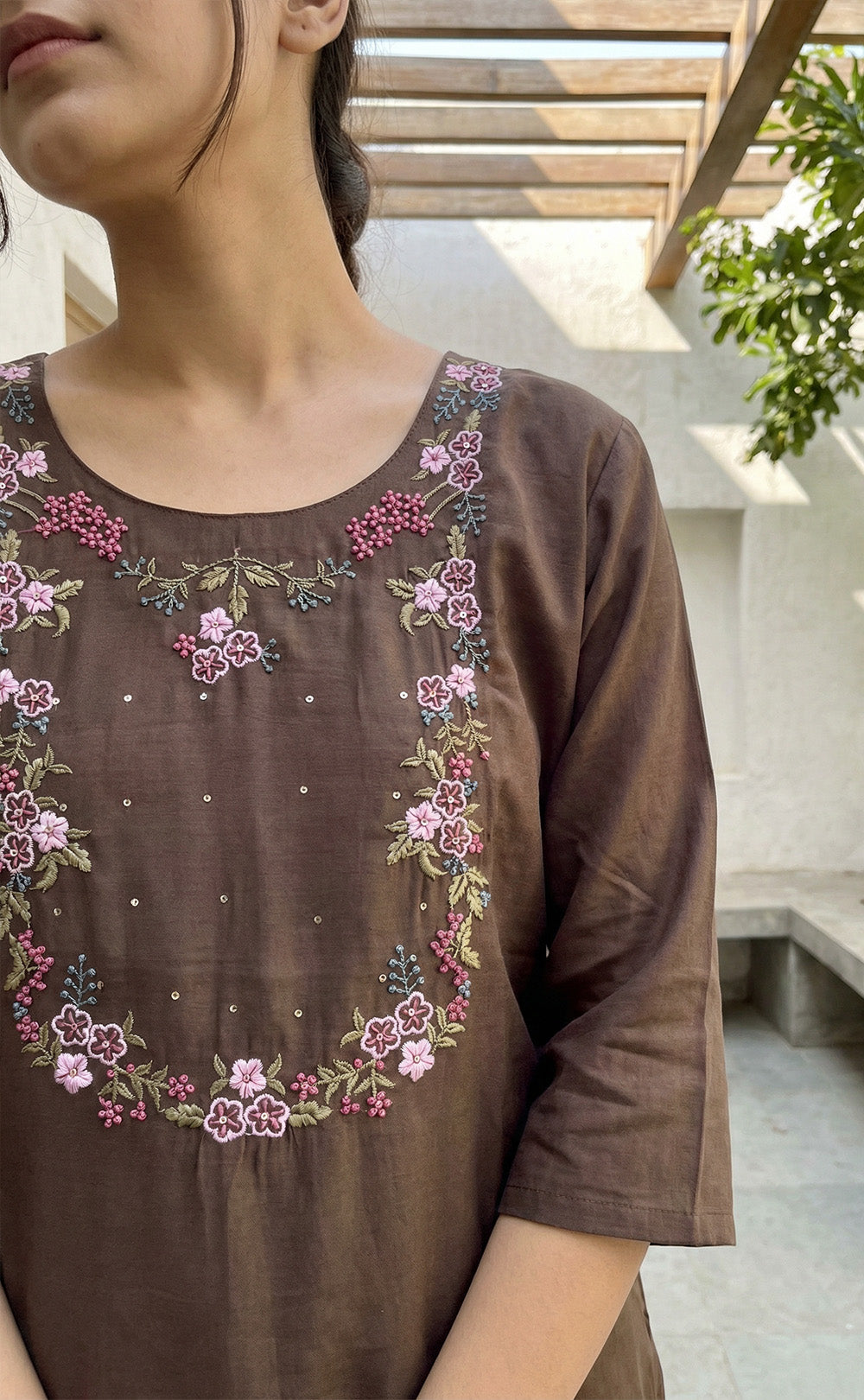 Dark Chocolate Brown Roman Silk Thread Embroidered Work Straight Kurti