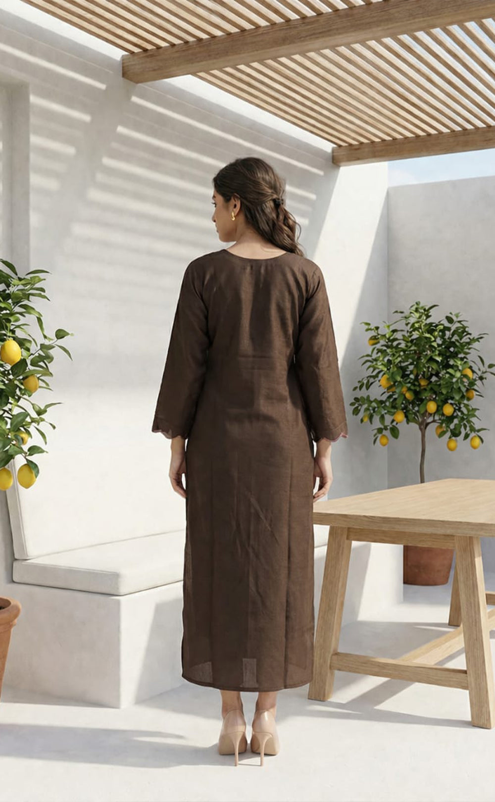 Dark Chocolate Brown Roman Silk Thread Embroidered Work Straight Kurti