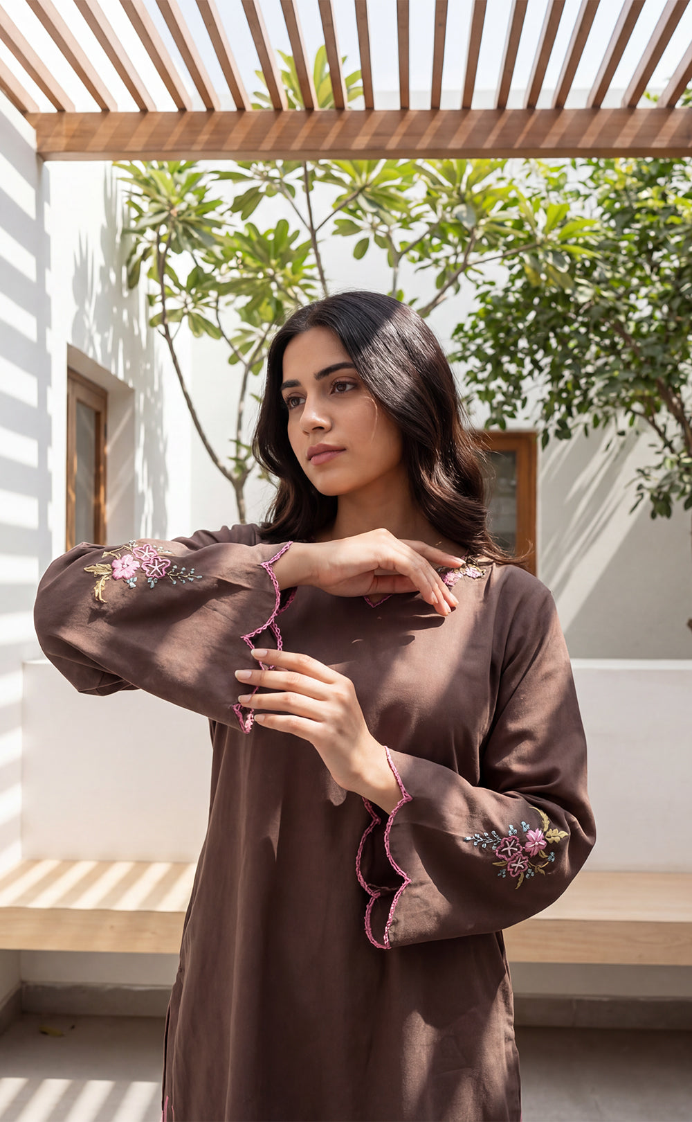 Dark Chocolate Brown Roman Silk Thread Embroidered Work Straight Kurti