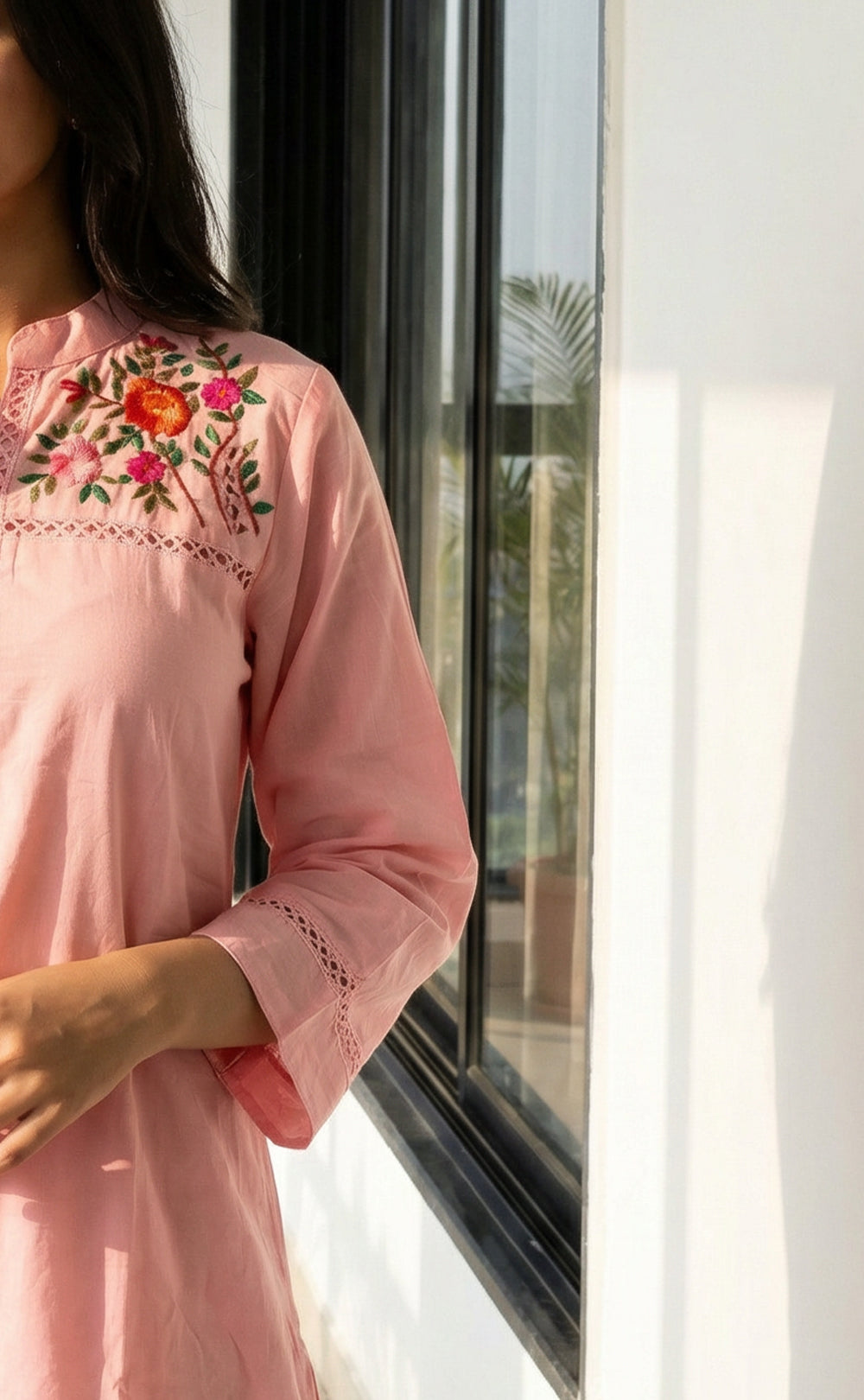 Baby Pink Cotton Thread Flare Kurti with Embroidered Neck Work