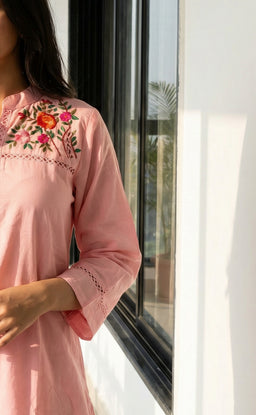 Baby Pink Cotton Thread Flare Kurti with Embroidered Neck Work