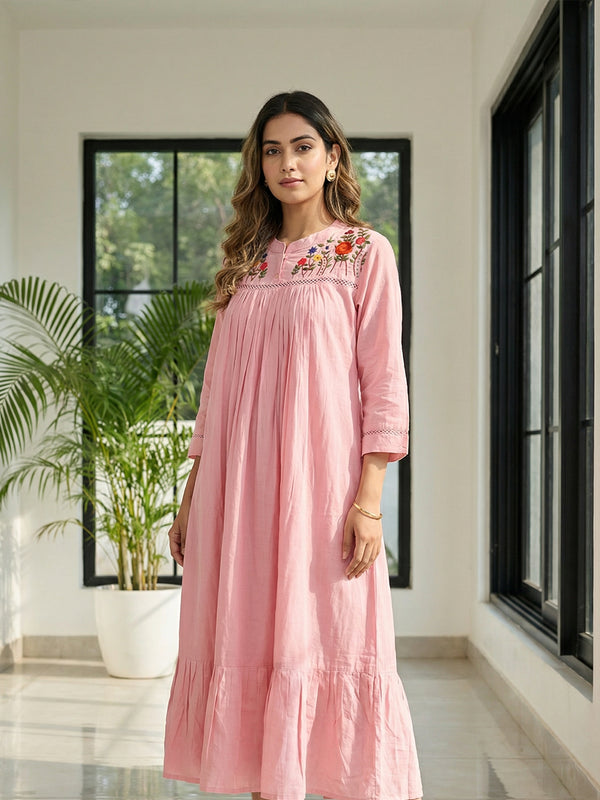 Baby Pink Cotton Thread Flare Kurti with Embroidered Neck Work