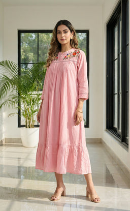 Baby Pink Cotton Thread Flare Kurti with Embroidered Neck Work