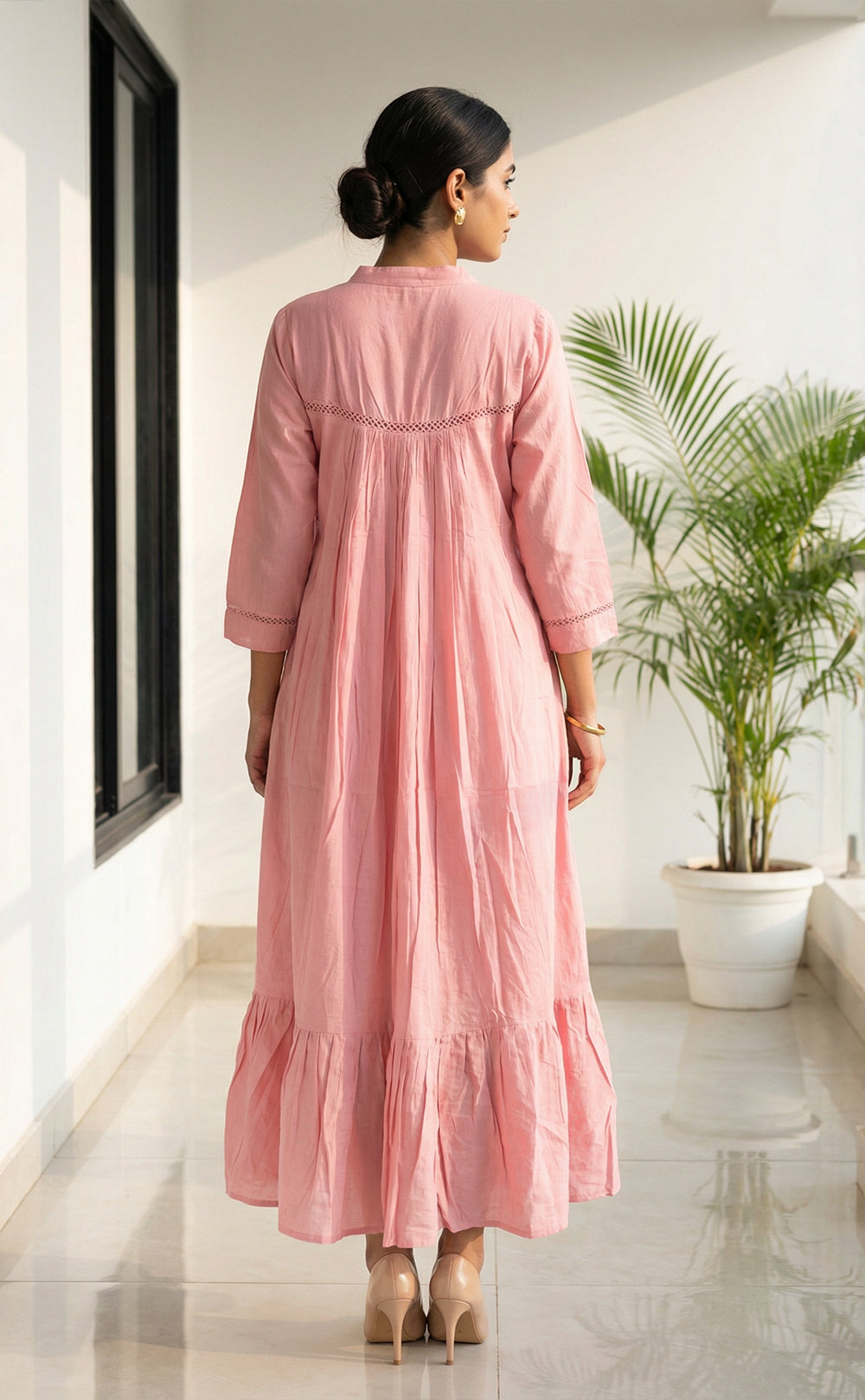 Baby Pink Cotton Thread Flare Kurti with Embroidered Neck Work