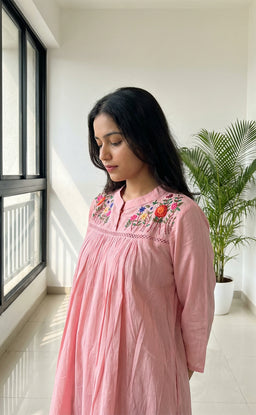 Baby Pink Cotton Thread Flare Kurti with Embroidered Neck Work