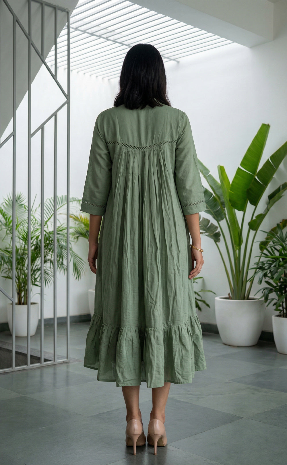 Olive Green Cotton Thread Embroidered Flare kurti with Neck Work