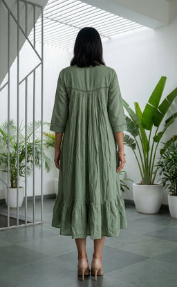 Olive Green Cotton Thread Embroidered Flare kurti with Neck Work