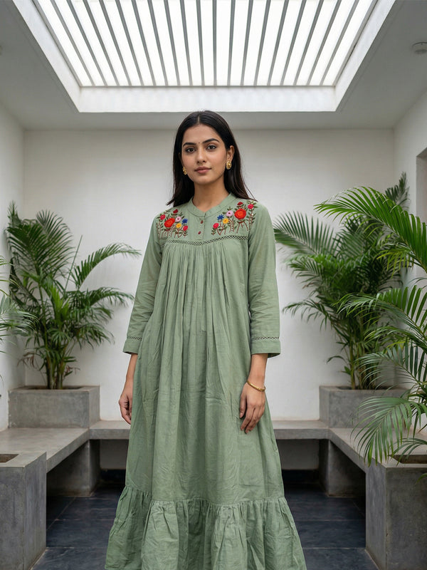 Olive Green Cotton Thread Embroidered Flare kurti with Neck Work