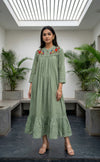 Olive Green Cotton Thread Embroidered Flare kurti with Neck Work