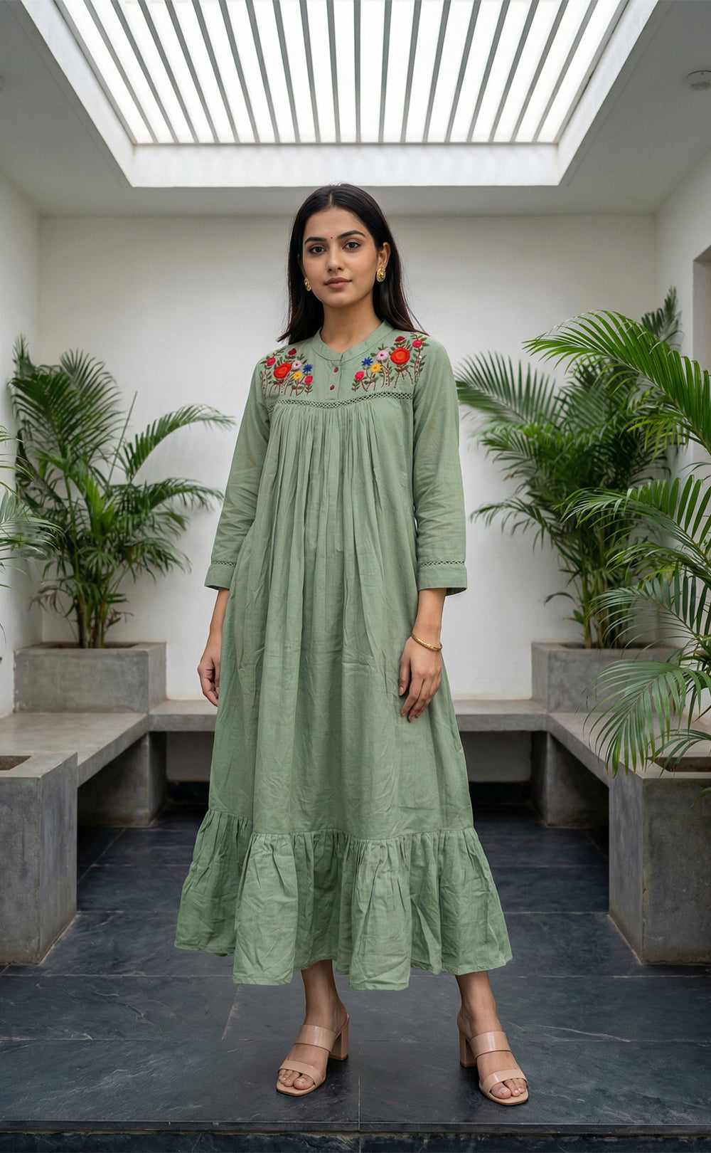 Olive Green Cotton Thread Embroidered Flare kurti with Neck Work
