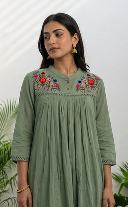 Olive Green Cotton Thread Embroidered Flare kurti with Neck Work